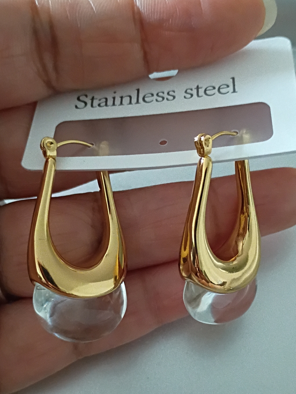 New Stainless Steel Gold-Tone Drop Earrings with Clear Accent